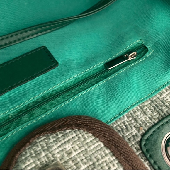 Green Brown Tweed Mixed Fiber Shopper Tote Bag w/ Chain Shoulder Strap C6 - Picture 9 of 16